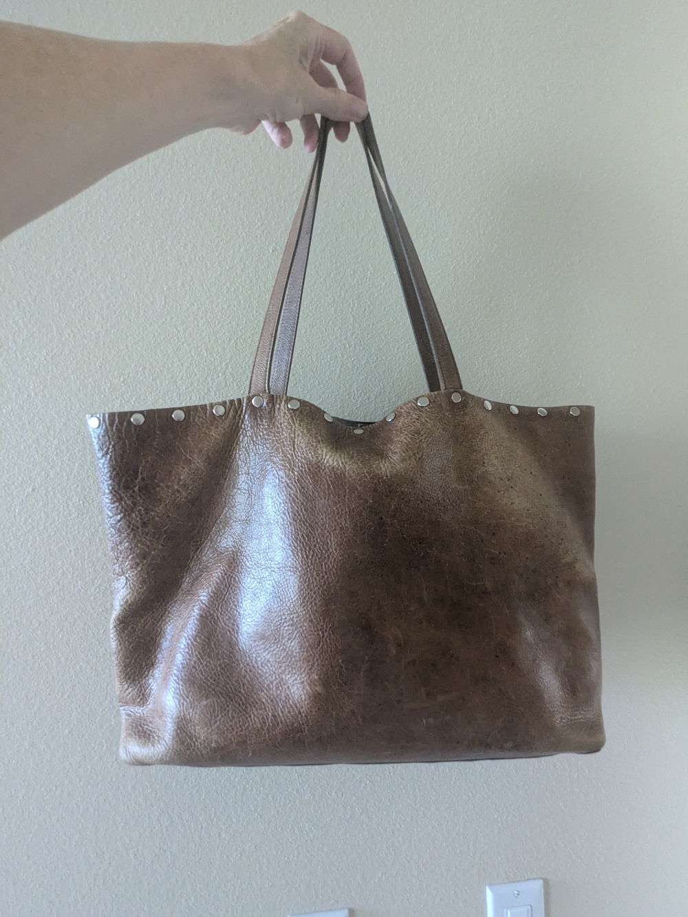 Classic Brown Leather Tote Bag with Stud Accents